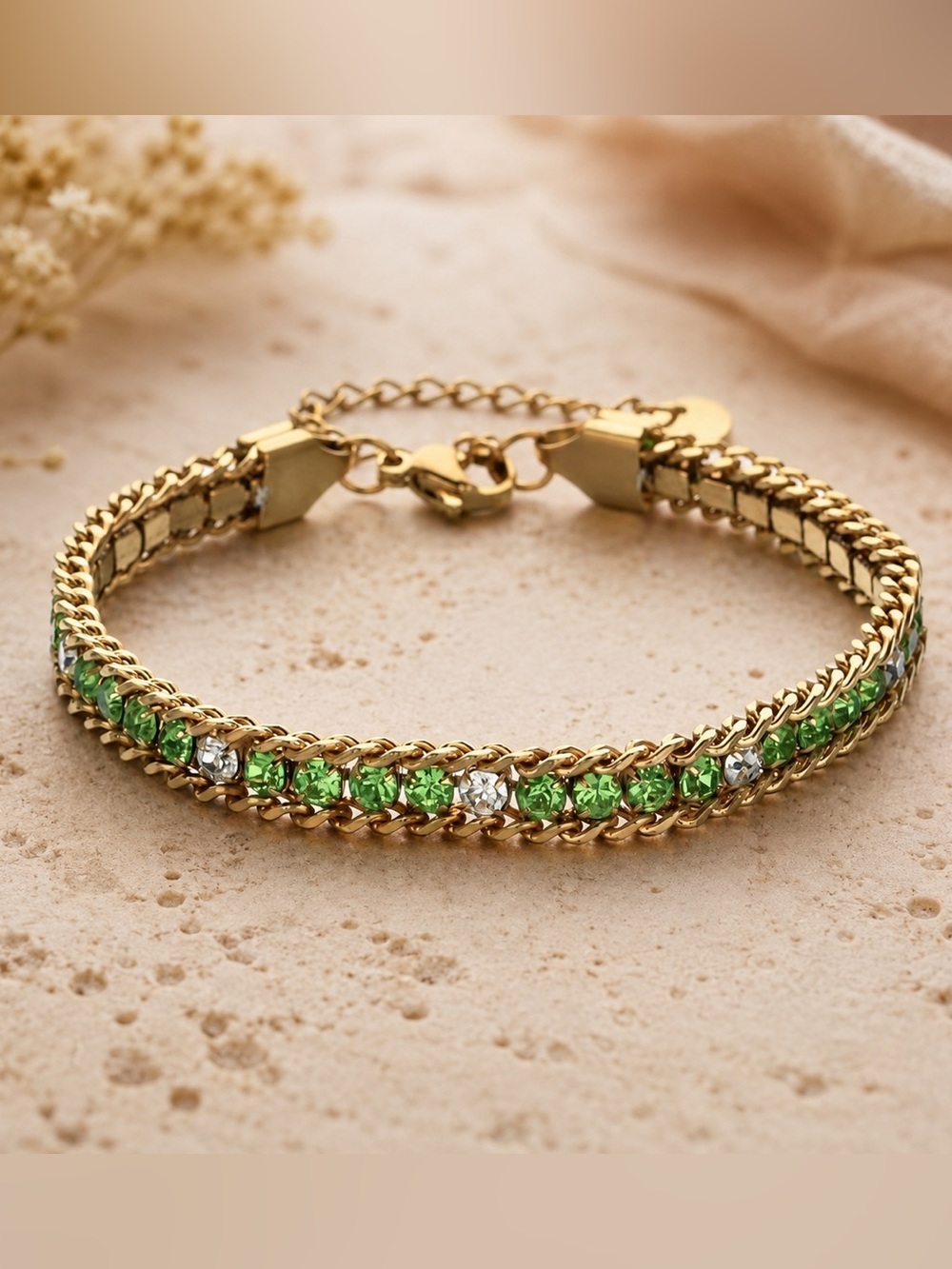 Tennis Bracelet with Green and Clear Stones